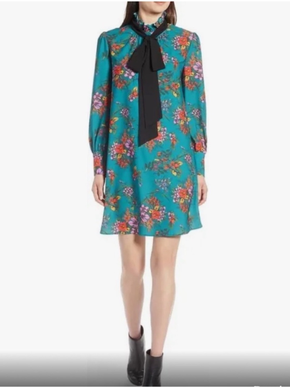 Halogen Teal Floral Ruffle Neck Shift Mini Dress Removable Bow Long Sleeve Lp